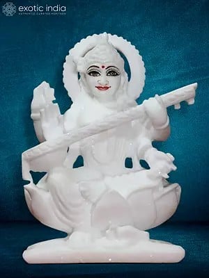 6" Chaturbhuja Goddess Saraswati Seated On Lotus | Super White Makrana Marble Statue