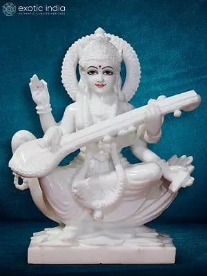 15" Seated Saraswati With Wearing Flower Garland | Super White Makrana Marble Figurine