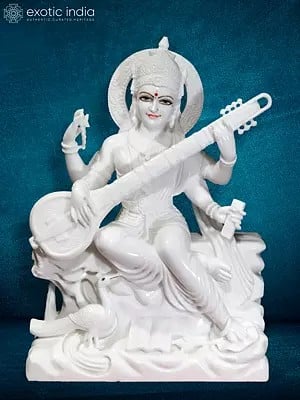 36" Divine Statue Of Saraswati For Temple | Super White Vietnam Marble Statue