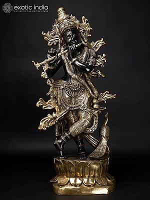 Krishna’s Inimitable Magnificence (Large Murli Manohar Lord Krishna Brass Statue Standing on Lotus with Peacock)
