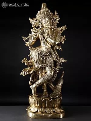 Krishna’s Inimitable Magnificence (Large Murli Manohar Lord Krishna Brass Statue Standing on Lotus with Peacock)