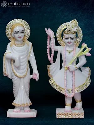 15" Goddess Yamuna And Mahaprabhu Statue | super white makrana marble