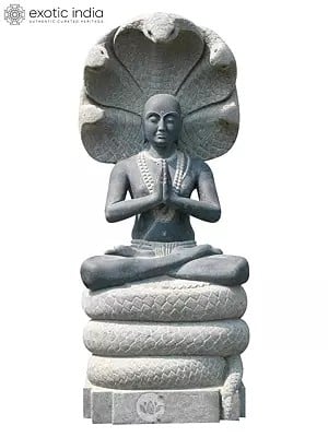 77" Large Namaste Patanjali Sculpture in Silent contemplation Beneath 5 Headed Serpent From tamil nadu | Black Granite Stone