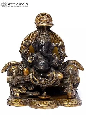 10" Chaturbhuja Lord Ganesha Seated on Throne | Brass Statue