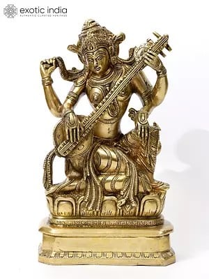 10" Veenavadini: Saraswati Playing Veena Brass Statue