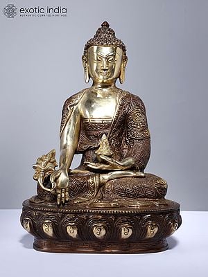 12" Medicine Buddha with Ashtamangala Symbols on Robe | Brass Statue