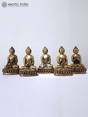 8" Set of Five Buddha in Different Mudras | Brass Statues
