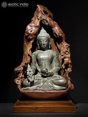 24" Medicine Buddha Framed Inside Wood | Balinese Brass Statue