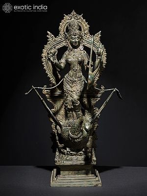 18" Four Armed Hindu Goddess Saraswati Standing on Swan | Brass Statue from Indonesia