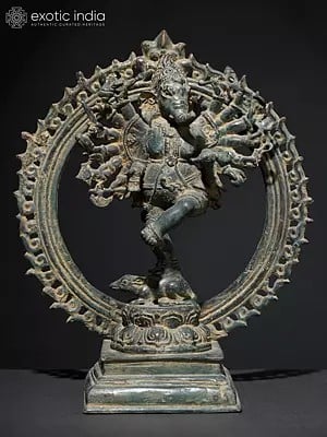 11" Sixteen Armed Dancing Lord Ganesha on Mushak with Beautiful Arch | Brass Statue from Bali