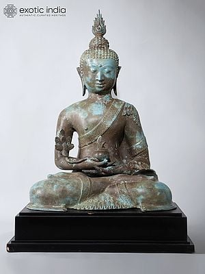 26" Medicine Buddha on Wood Base | Balinese Brass Statue