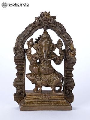5" Small Chaturbhuja Lord Ganesha Seated on Mushak with Kirtimukha Arch | Brass Statue