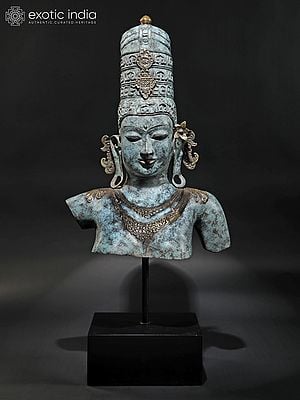 46" Large Goddess Parvati Bust on Wood Base | Balinese Brass Statue