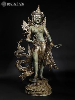 56" Large Standing Goddess Green Tara | Balinese Brass Statue