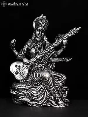 Small Devi Saraswati Idol Playing Veena | Handcrafted Brass Statue