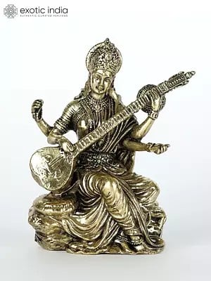 2" Small Devi Saraswati Idol Playing Veena | Handcrafted Brass Statue