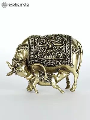 4" Small Superfine Cow and Calf Brass Statue with Lakshmi and Ganesha Carving