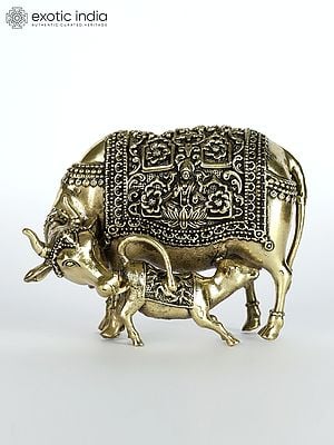 4" Small Superfine Cow and Calf with Goddess Lakshmi and Ganesha Carving | Brass Statue
