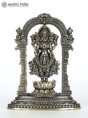 4" Small Superfine Blessing Goddess Lakshmi Standing on Lotus with Kirtimukha Prabhavali | Brass Statue