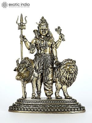4" Small Superfine Ardhanarishvara (Shiva-Shakti) with Nandi and Lion | Brass Statue