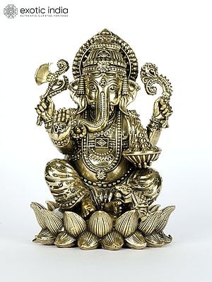 Small Superfine Four-Armed Lord Ganesha Brass Statue Seated on Lotus