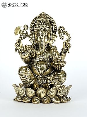 4" Small Superfine Four Armed Blessing Lord Ganesha Seated on Lotus | Brass Statue