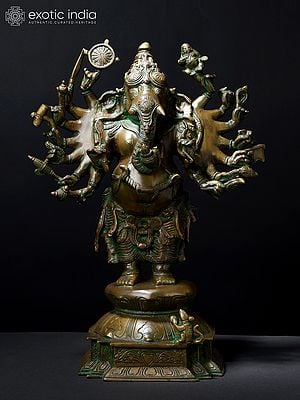 19" Sixteen Armed Vira-Ganesha | Brass Statue