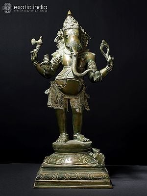 19" Standing Chaturbhuja Lord Ganesha | Brass Statue
