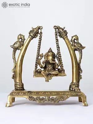 9" Blessing Lord Ganesha on Parrots Design Swing | Brass Statue
