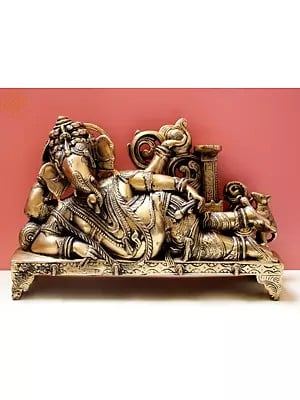 14" Reclining Ganesha with Lamp (Diya) In Brass | Handmade | Made In India