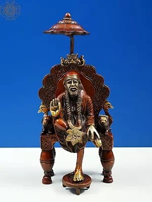 7" Sai Baba Idol Seated on Throne in Brass | Handmade | Made in India