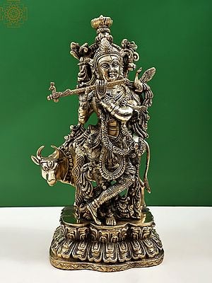 16" Murlidhar Krishna with Cow In Brass | Handmade