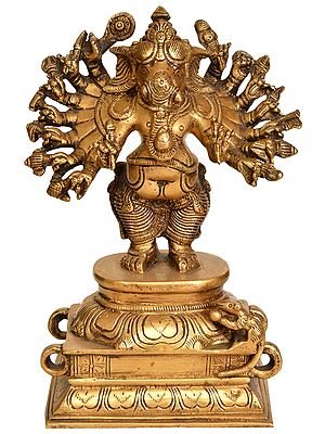 8" Sixteen-Armed Vira-Ganesha in Brass | Handmade | Made In India