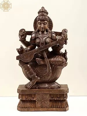 24" Wooden Saraswati - The Goddess of Learning