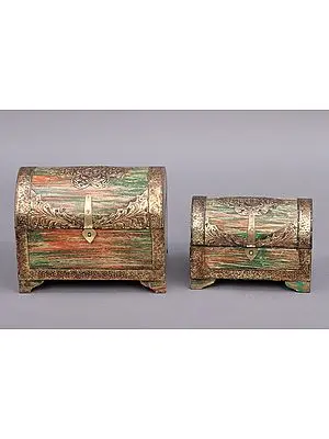 11" Set Of 2 Decorated Boxes | Wood with Brass Boxes | Handmade | Made In India