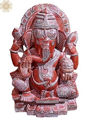 15" Chaturbhuj Ganesha Red Serpentine Stone