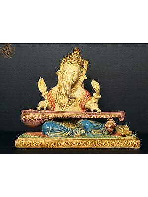 11" Brass Lord Ganesha Statue Playing Veena
