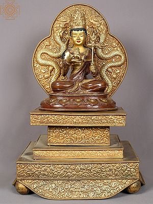 18" Japanese Lama Guru Idol with Throne | Nepalese Copper Statues