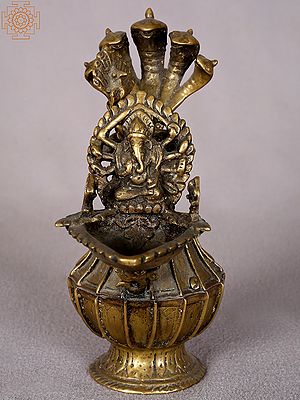 7" Brass Oil Lamp with Ganesha from Nepal