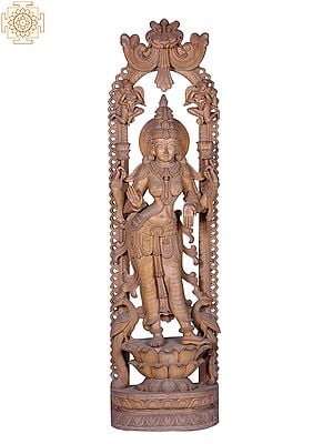 72" Superfine Large Wooden Standing Goddess Lakshmi On Lotus Pedestal with Kirtimukha Throne