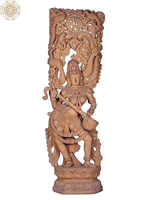 72" Large Wooden Dancing Goddess Saraswati On Pedestal