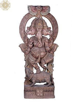 72" Large Wooden Three Face Dancing Lord Ganesha