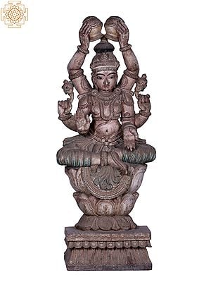 60" Large Wooden Lord Vishnu Seated on High Lotus Pedestal