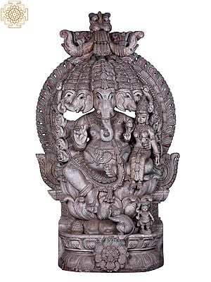 Super Large Wooden Panchamukhi Shakti Ganpati Idol