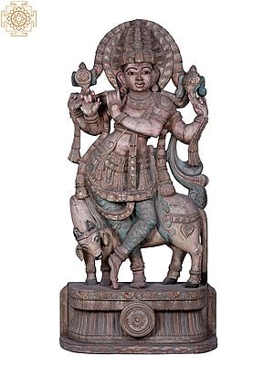 72" Large Wooden Lord Krishna with Cow