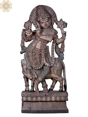 72" Large Wooden Lord Krishna with Cow