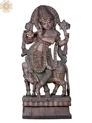 72" Large Wooden Lord Krishna Idol with Cow