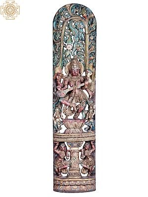 60" Large Wooden Dancing Goddess Saraswati On High Pedestal
