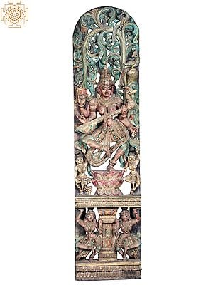 58" Large Wooden Dancing Goddess Saraswati On High Pedestal