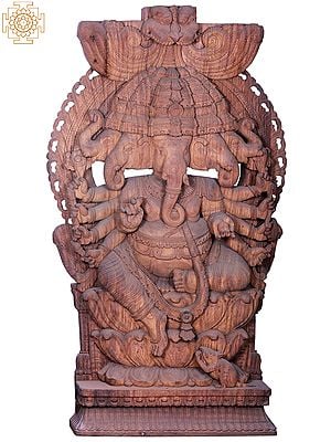 84" Large Wooden Panchamukhi Lord Ganesha Statue with Kirtimukha Throne